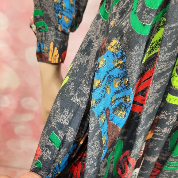 Vintage 80s African Tribal Print Belted Shirt Dress Size S Midi With Pockets - Picture 7 of 12